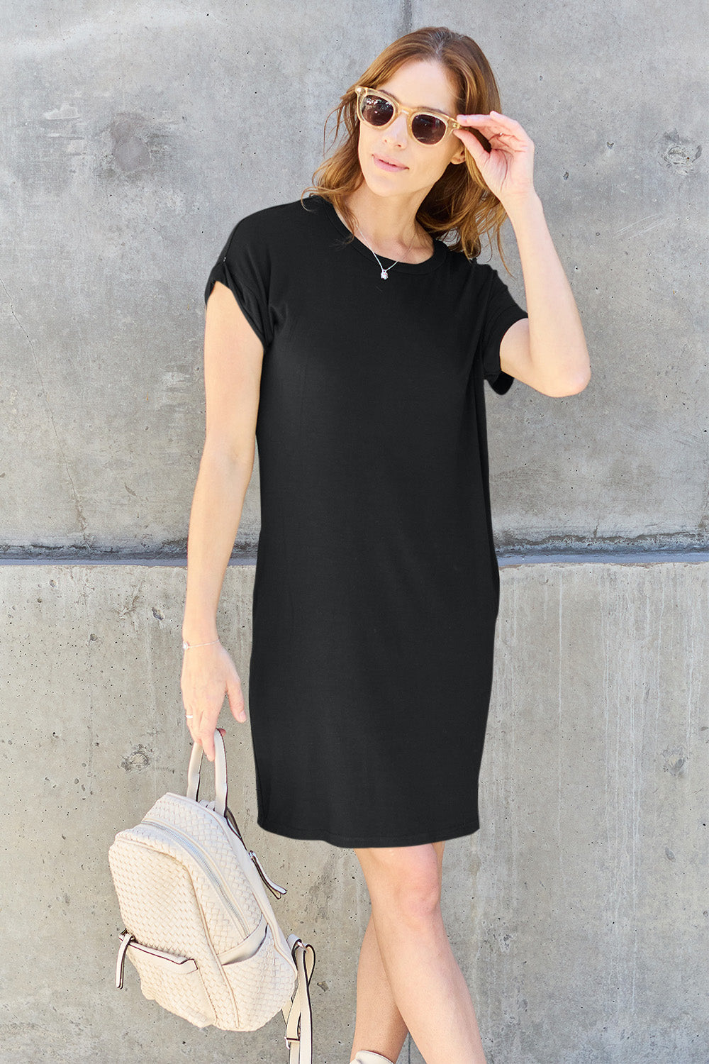 Comfy Round Neck Short Sleeve Dress with Pockets