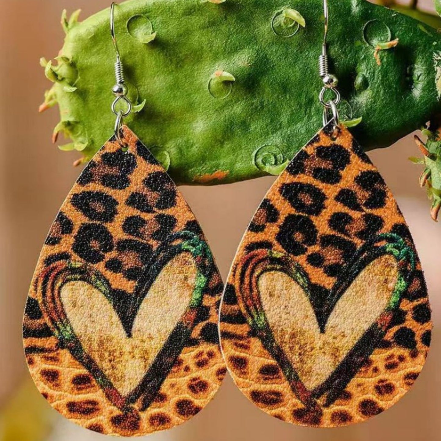 Faux Leather Boho Leopard Print & Heart Teardrop Hook Earrings.