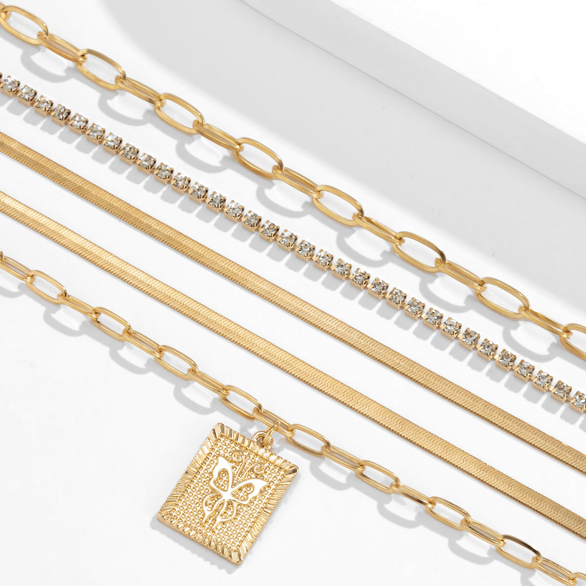 Herringbone Necklaces with Micro Inlaid Rhinestone -  5 Necklace Set.