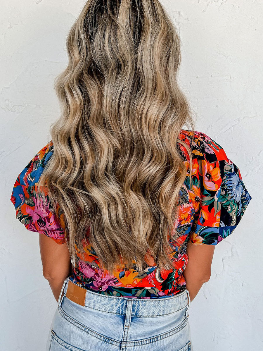 Flower Multicolor Deep V Neck Printed Chiffon Shirt