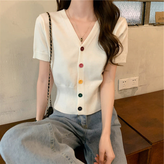 Ice Silk Knitted Short Sleeve Blouse