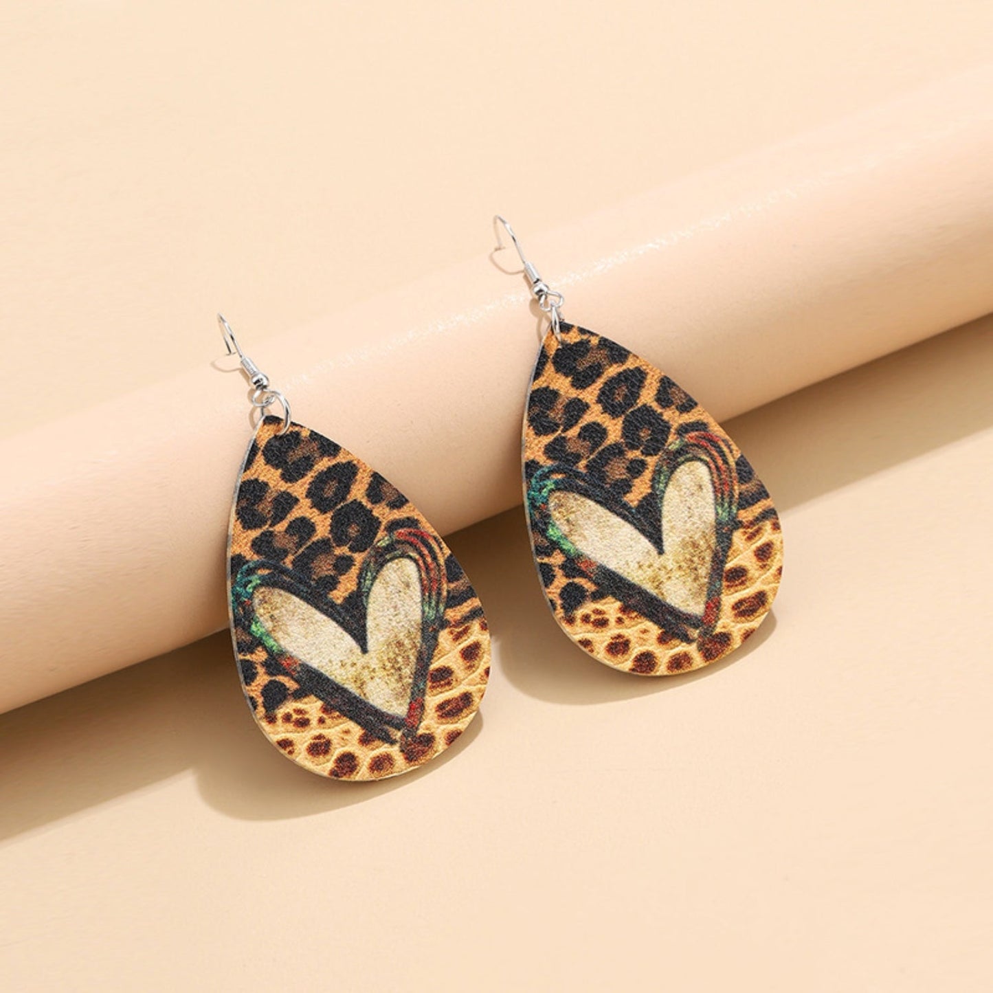 Faux Leather Boho Leopard Print & Heart Teardrop Hook Earrings.