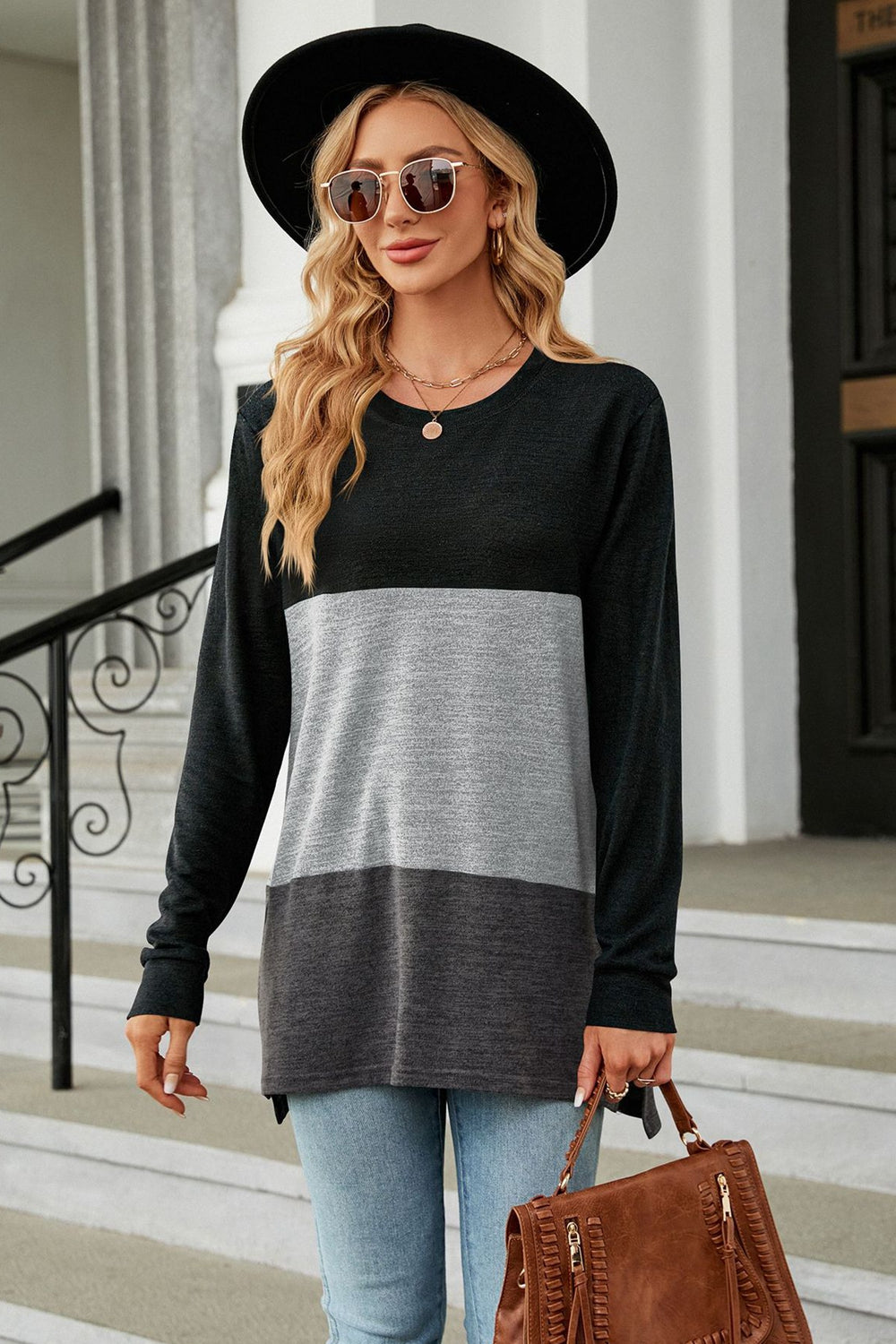 Vibrant Urban  Color Block Round Neck Long Sleeve Top
