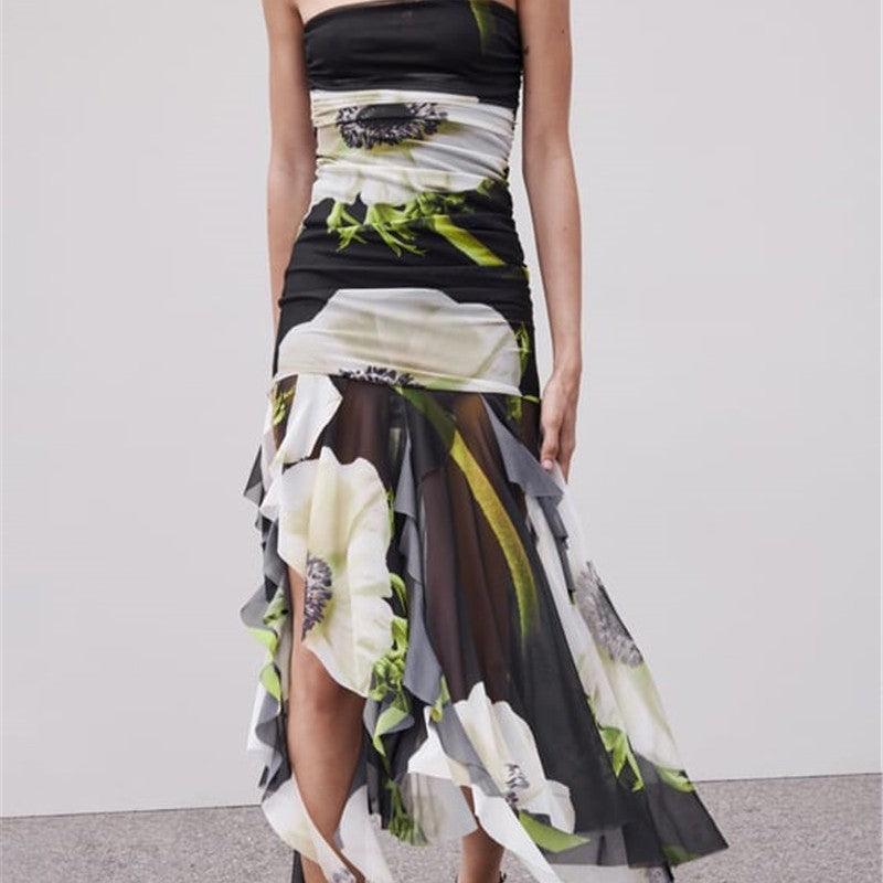 Floral Printed Silk Net Tube Top Dress