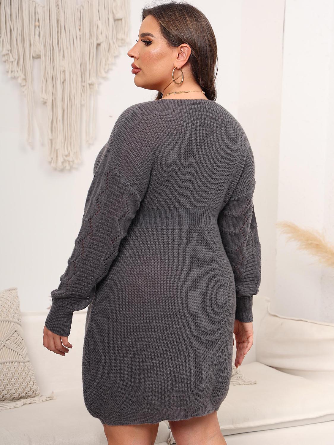 Plus Size Dropped Shoulder Long Sleeve Knit Sweater Dress
