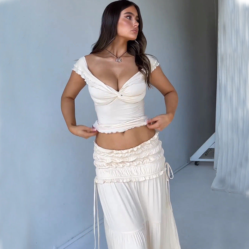 French Peasant Style V-neck Top Skirt Set