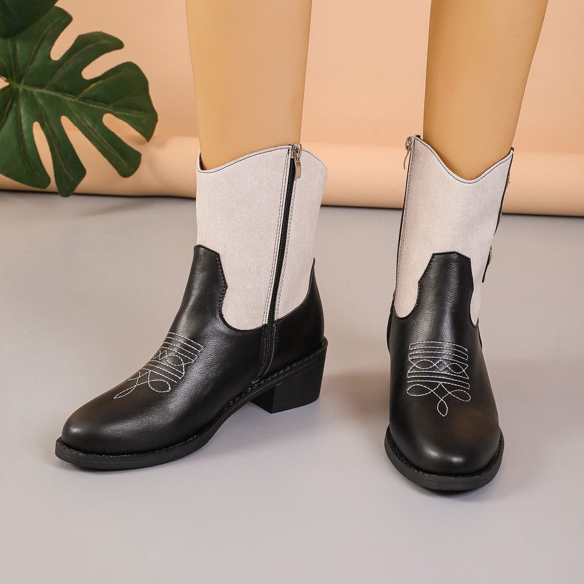 Retro Chelsea Denim Patchwork Western Cowboy Boots