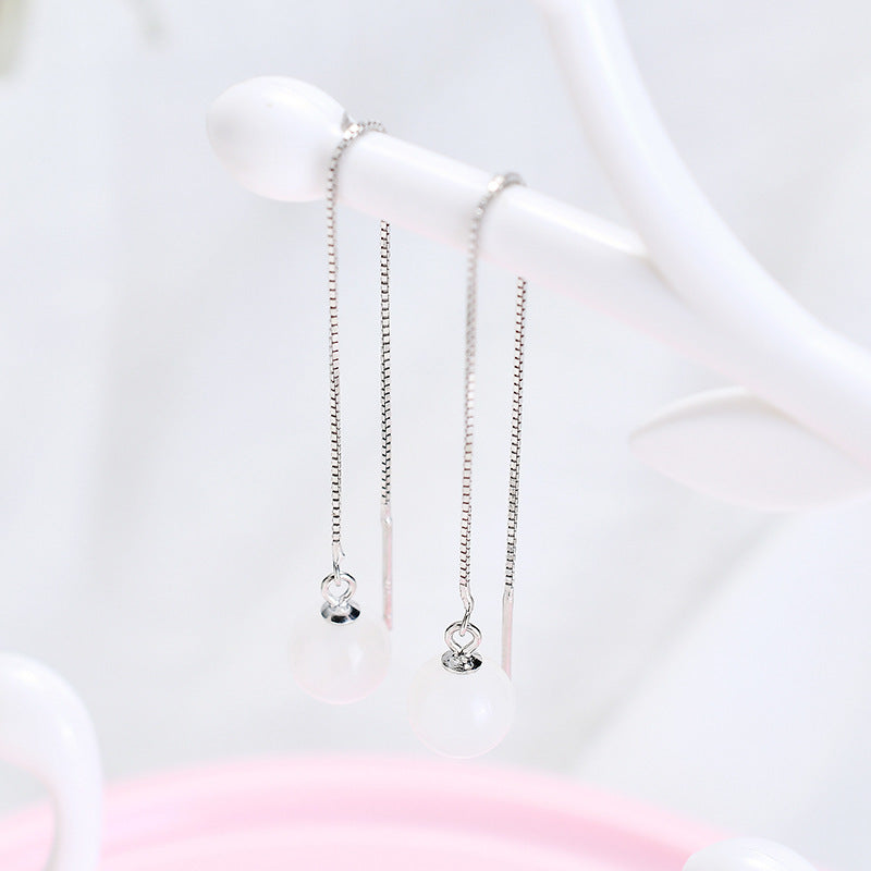 Cute Peach Blossom Gold Plated Round Dangle Threader Box Chain Earrings.