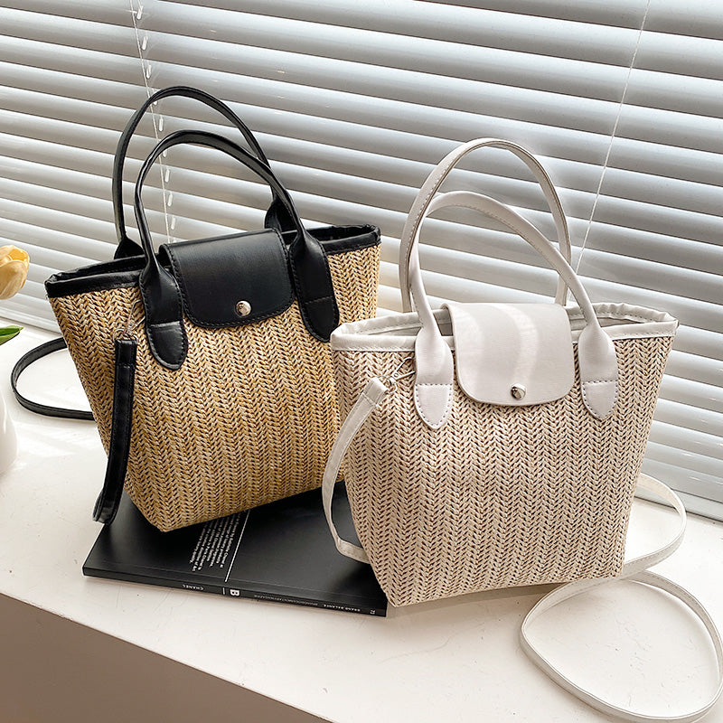 Large Capacity Straw Tote Bag with Shoulder Strap.