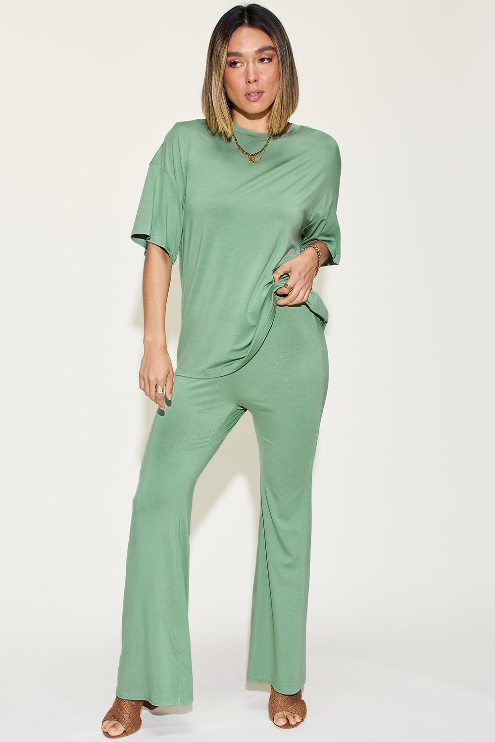 Bold Lady Drop Shoulder T-Shirt and Flare Pants Set
