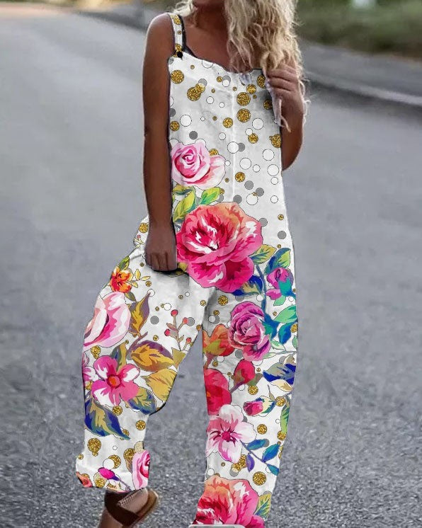 Floral Printed Loose Cotton And Linen Suspenders