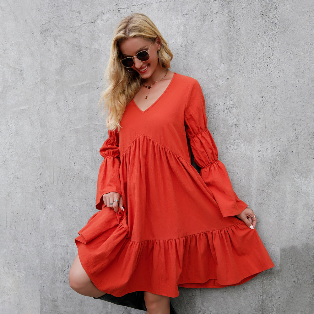 Pretty Swing Ruffle Dress with Puff Long Sleeves
