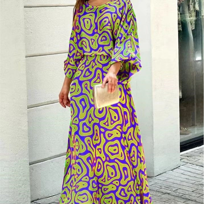 Fashion Loose Printed 2-Pcs  Set with Long Sleeve Top & High Waist Long Skirt