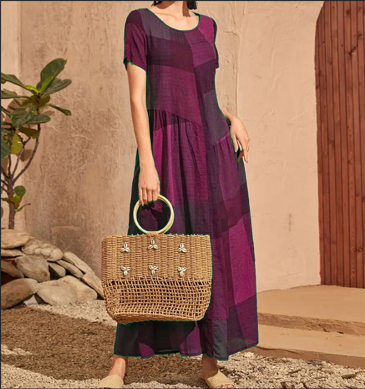 Oversized Retro Design Loose Waist Color Block Dress