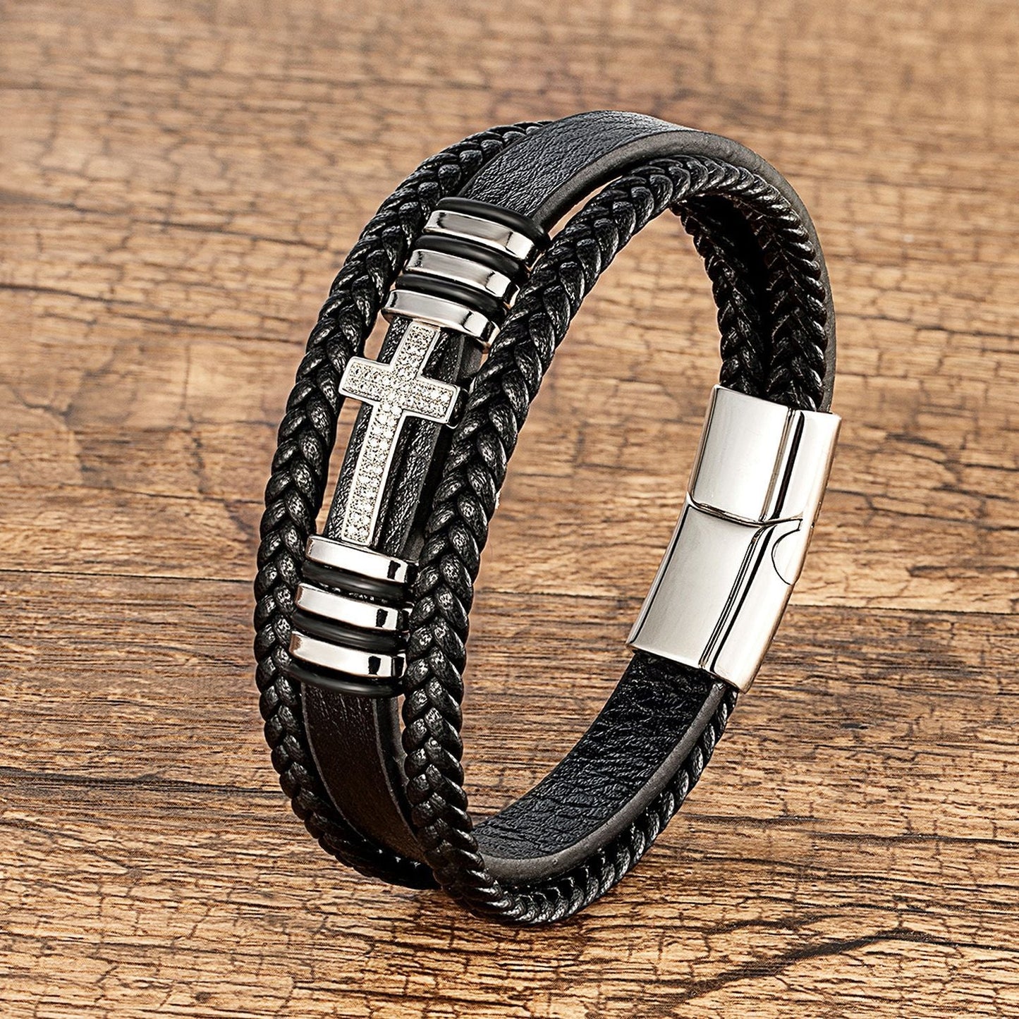 Metal Cross Multi-layer Braided Leather Bracelet with Secure Metal Clasp.