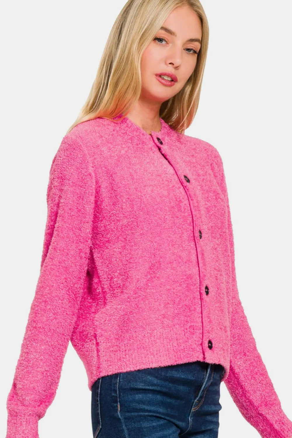 Fuchsia  Button Down Long Sleeve Sweater Cardigan