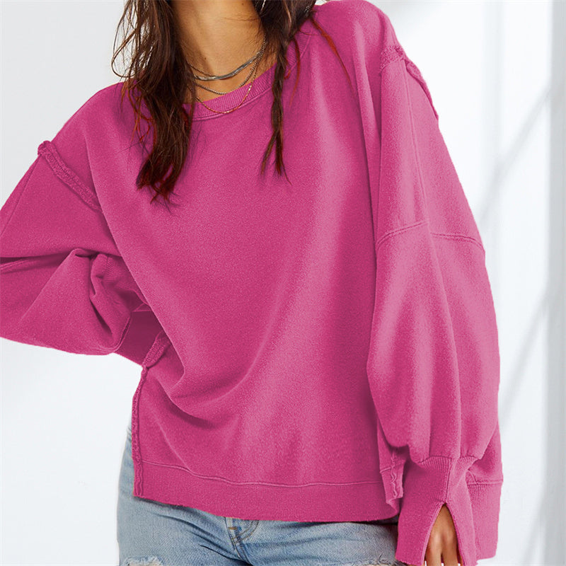 Sweatshirt Loose Round Neck Side Slit Long Sleeves Pullover Top