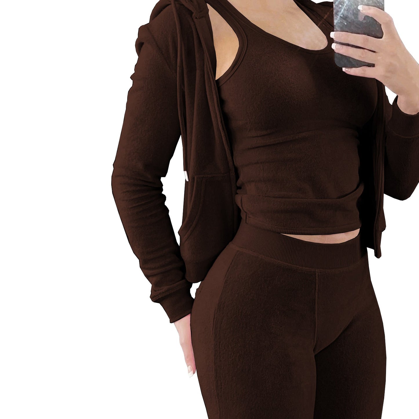 Cozy Urban Style Three-Piece Matching Set w/ Sleeveless Tank Top, Leggings Pants & Double-Sided Velvet  Hoody