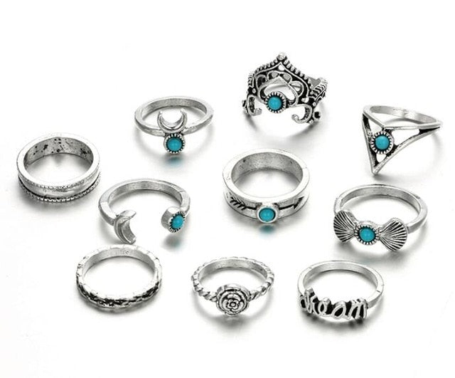 Boho Crescent Turquoise 10 piece Ring Set
