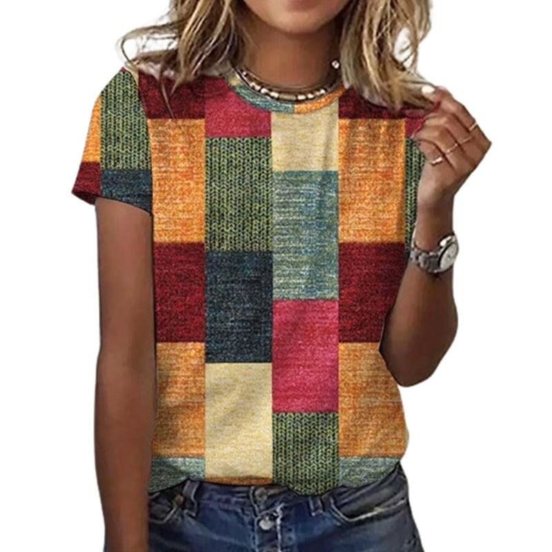 Checkered Short Sleeve Round Neck Top with Contrast Color