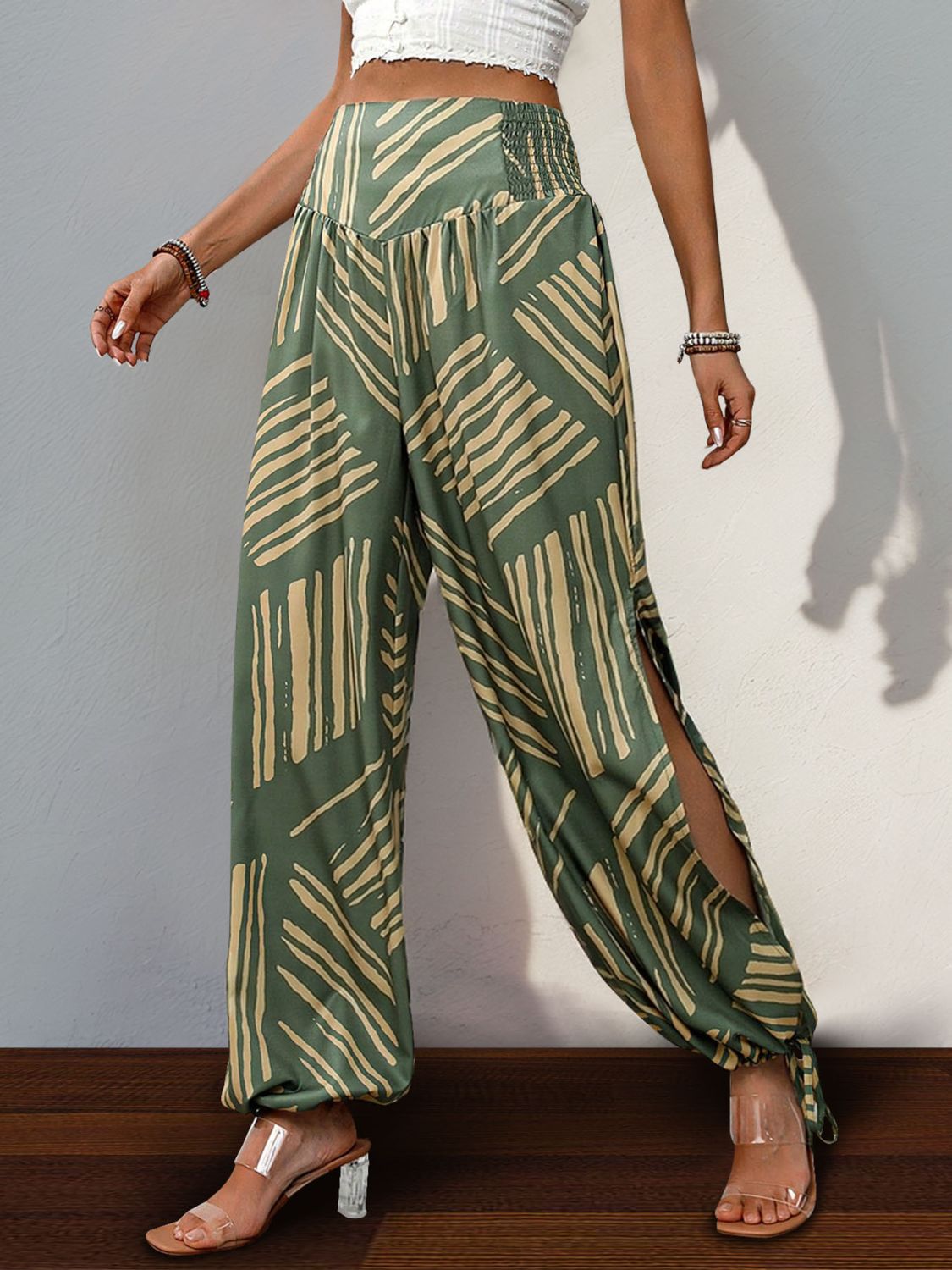 Moss Tied Smocked Slit Printed High Waist Pants