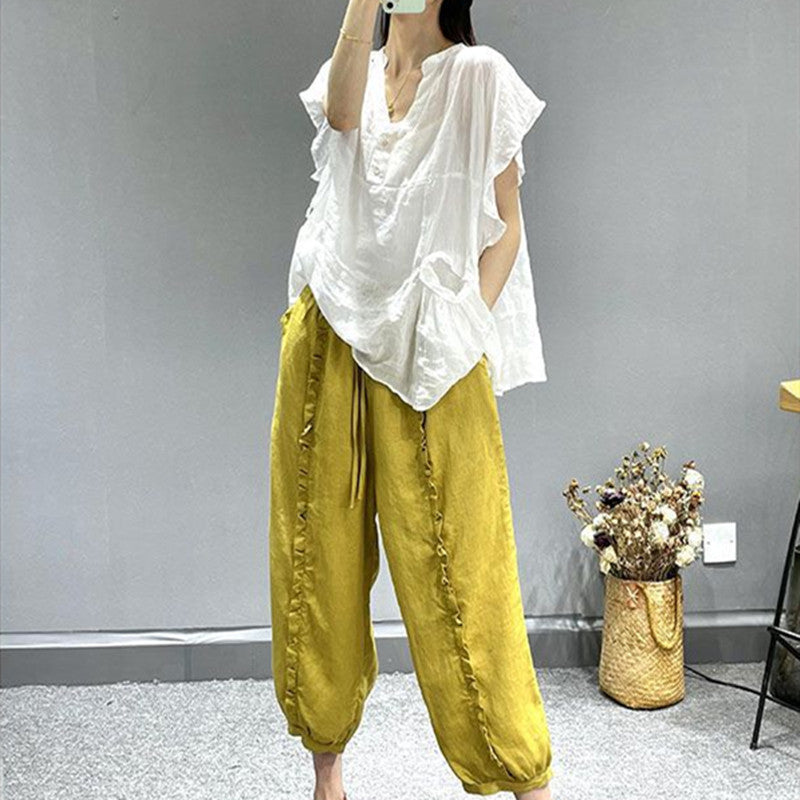 Washed Cotton And Linen Ear Tappered Harem Pants