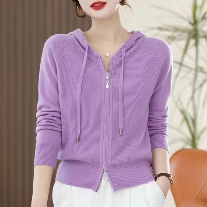 Knitted Hooded Casual Zipper Cardigan