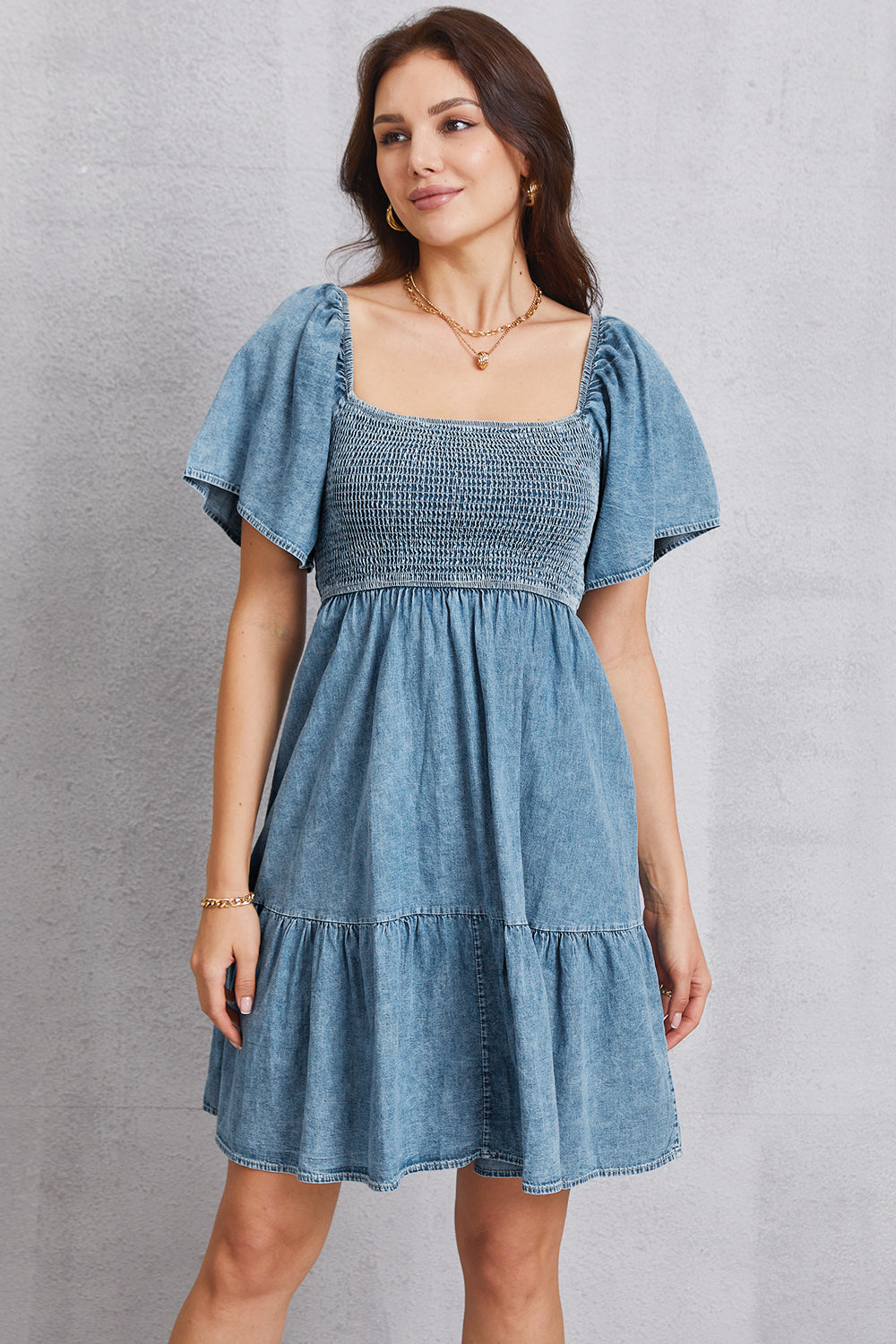 Smocked Perfection Square Neck Mini Denim Dress