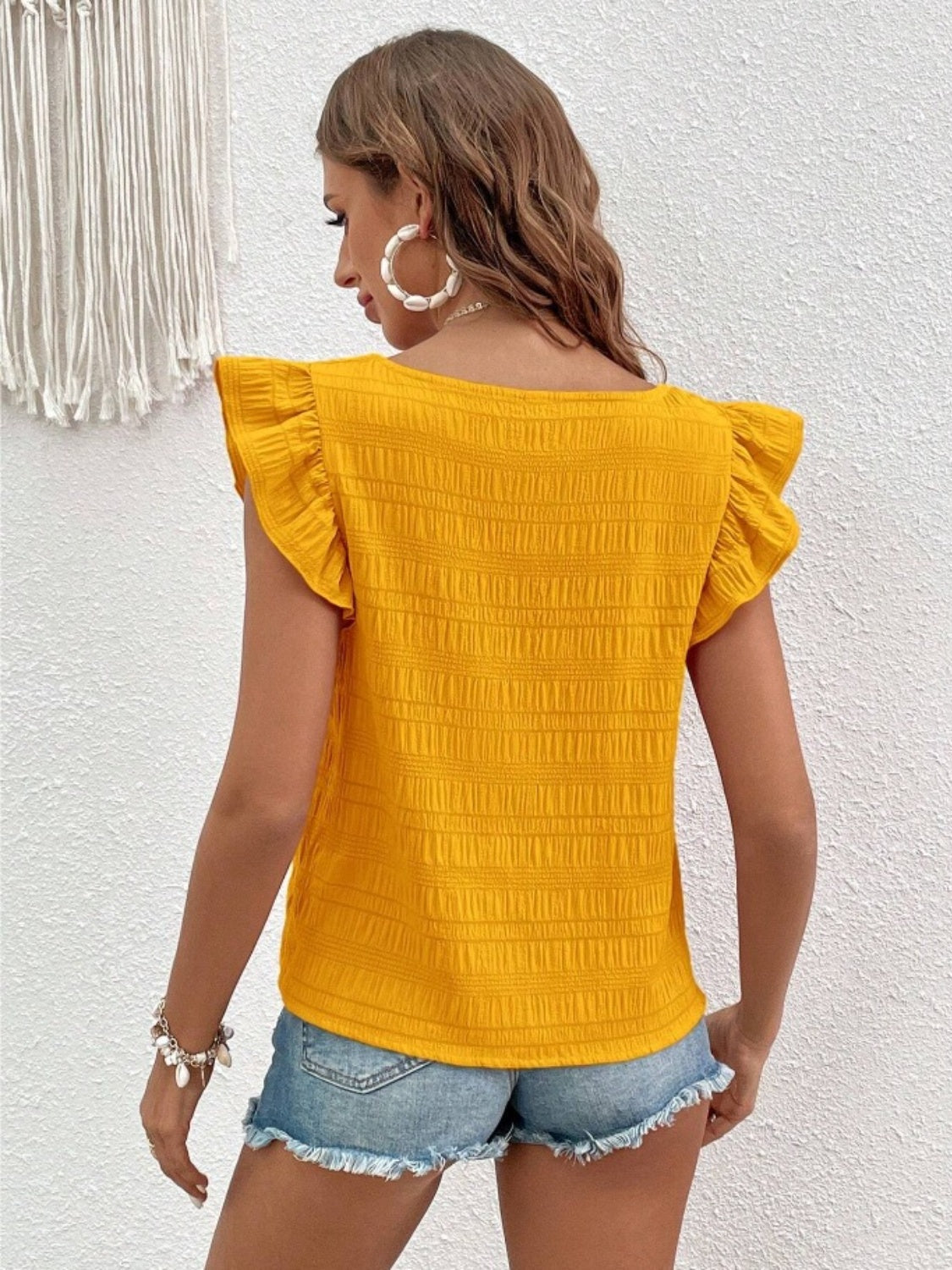 Ruffled Blouse with Square Neck & Cap Sleeve