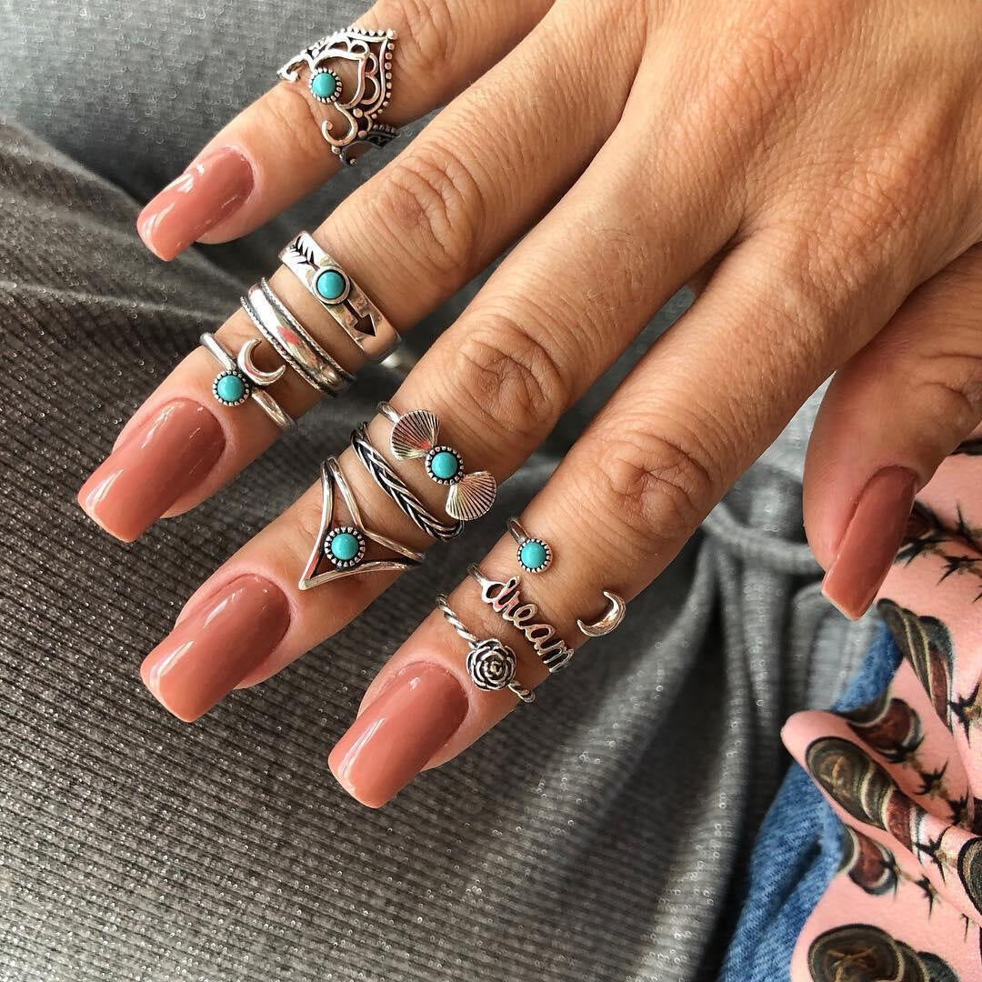 Boho Crescent Turquoise 10 piece Ring Set