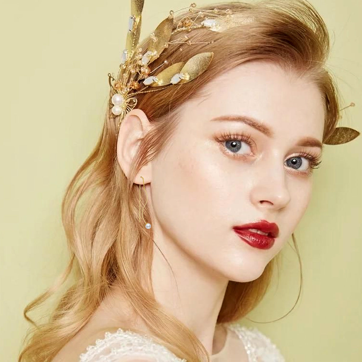 Sterling Silver Gold Plated Elegant Long Genuine Pearl Drop Threader Earrings.