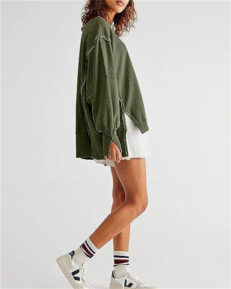 Sweatshirt Loose Round Neck Side Slit Long Sleeves Pullover Top
