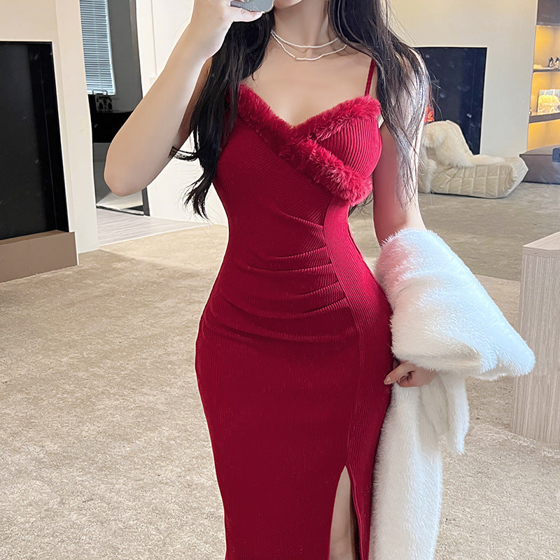 Vintage  Red Slim Fit Side Slit Dress