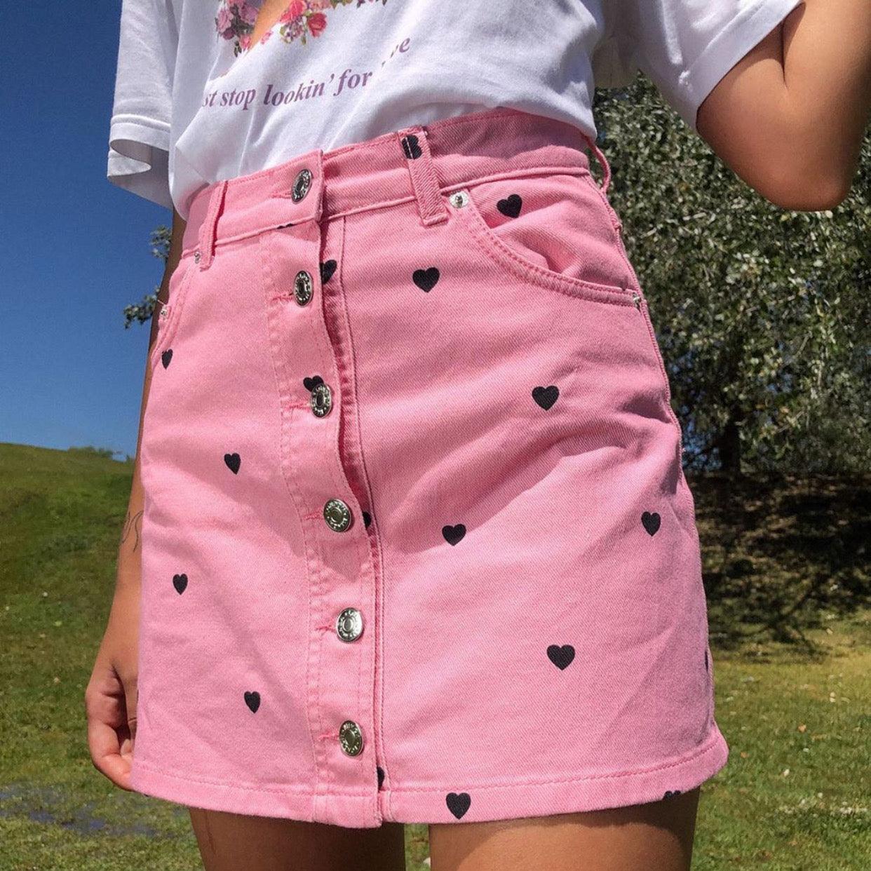 Lovely Looks Heart Print Button-Front Mini Skirt