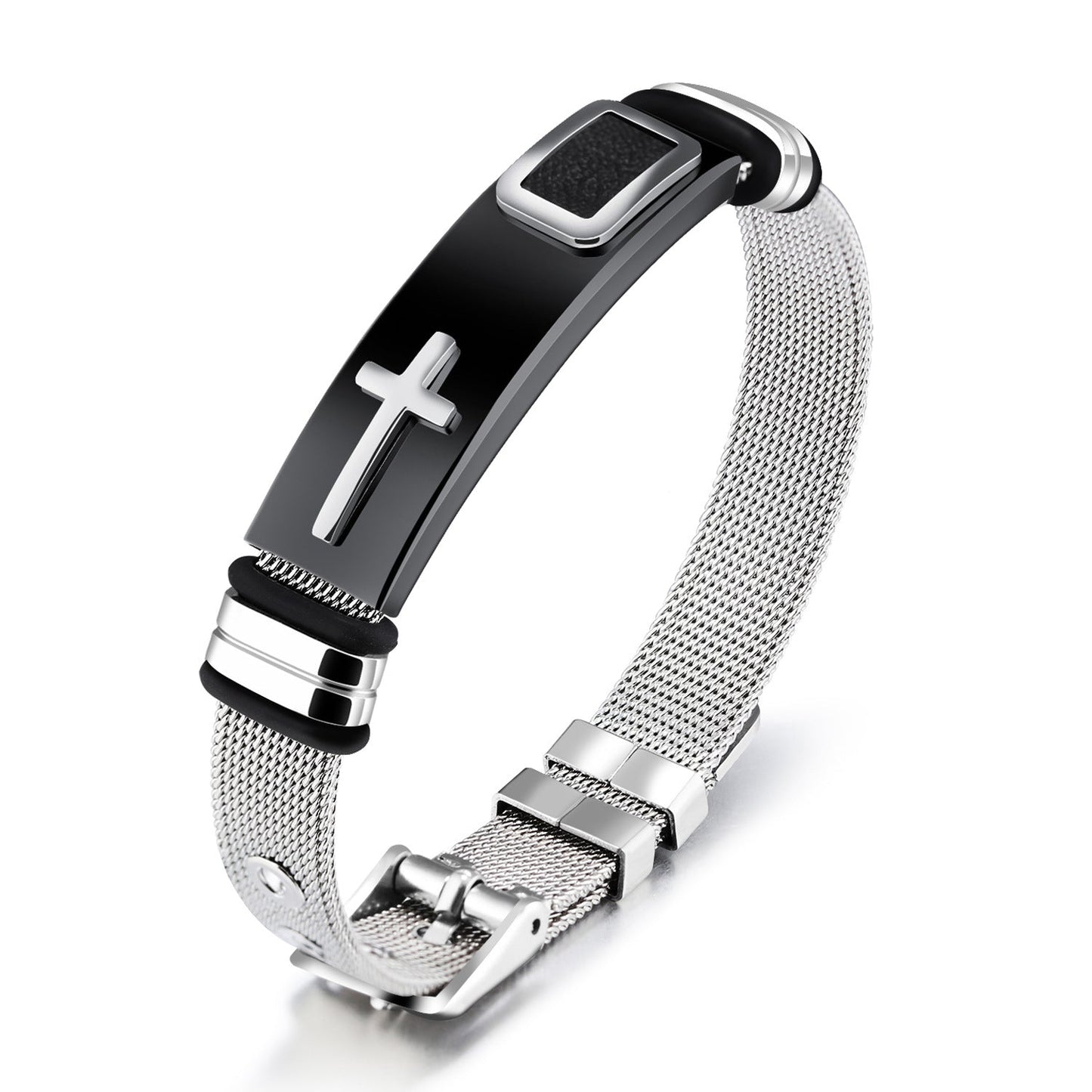 Steel Mesh Titanium Cross Faith Bracelet for Men- Adjustable Size.