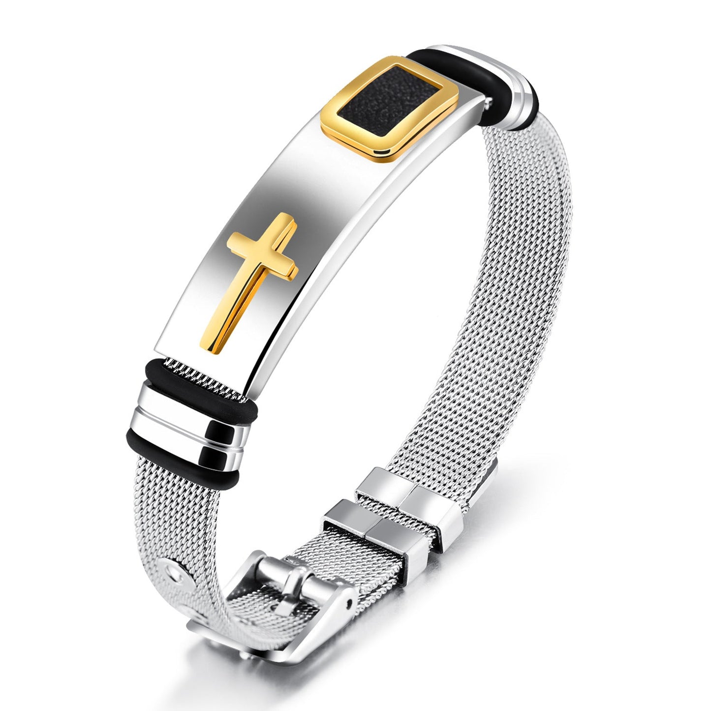 Steel Mesh Titanium Cross Faith Bracelet for Men- Adjustable Size.