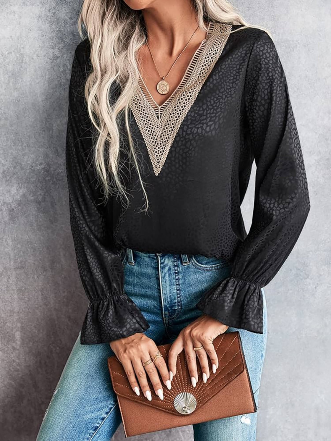 Silky Blouse with Crochet Style V-Neck & Flounce Sleeve