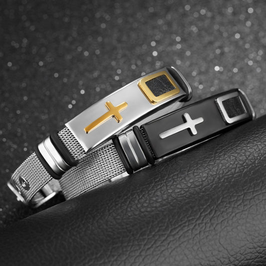 Steel Mesh Titanium Cross Faith Bracelet for Men- Adjustable Size.