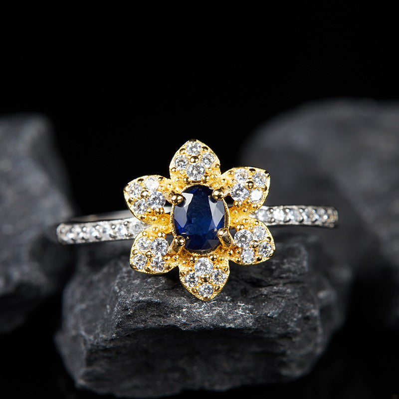 Natural Sapphire Flower Ring Inlaid with Sparkling Gems. - Adjustable to All Sizes.