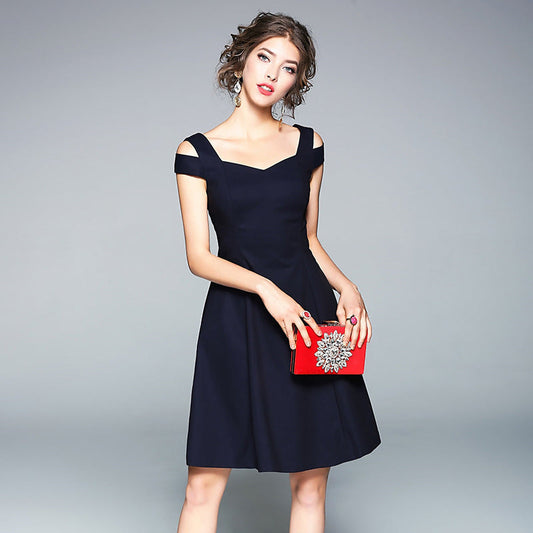 Navy Summer Off Shoulder  Cotton  Dress