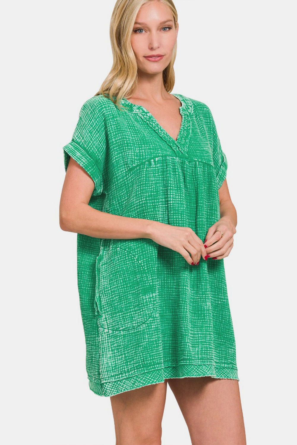 Vibrant Green Washed Notched Short Sleeve Mini Dress