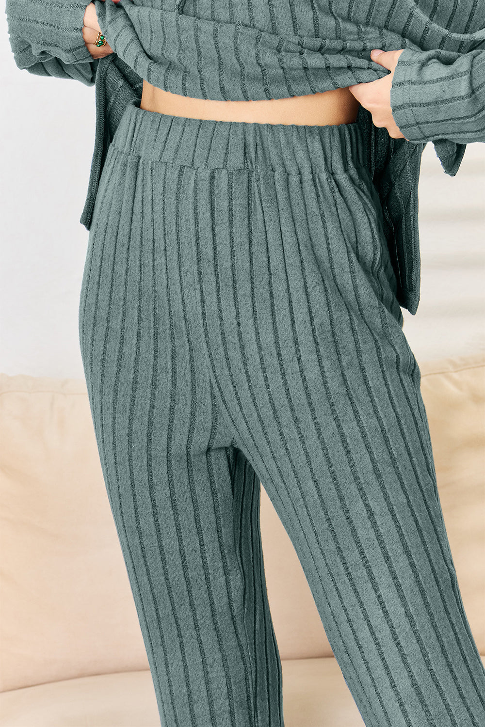 Lounge Essential Ribbed Hooded Top and Straight Pants Set
