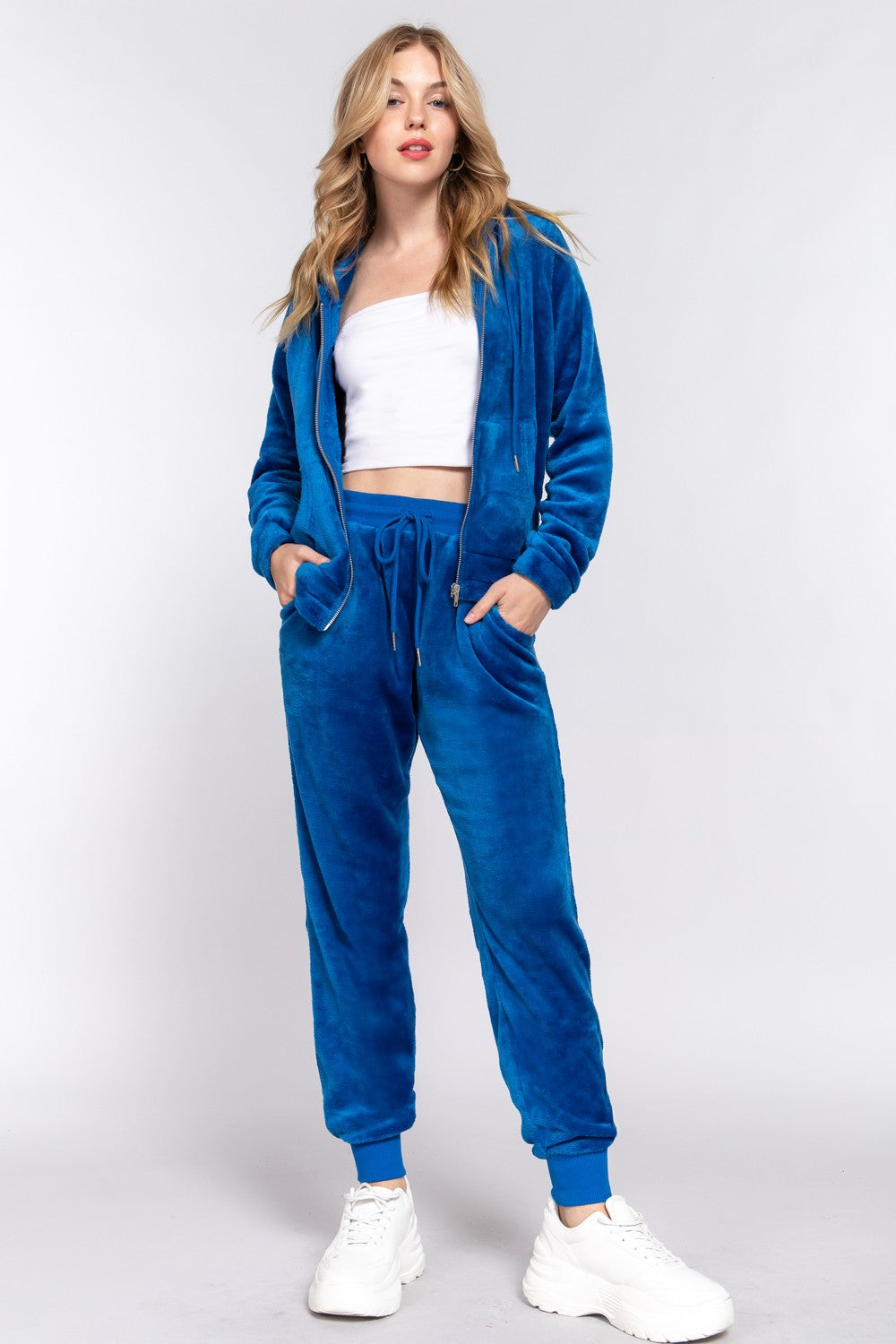 Blue Faux Fur Zip Up Long Sleeve Hoodie and Joggers Set