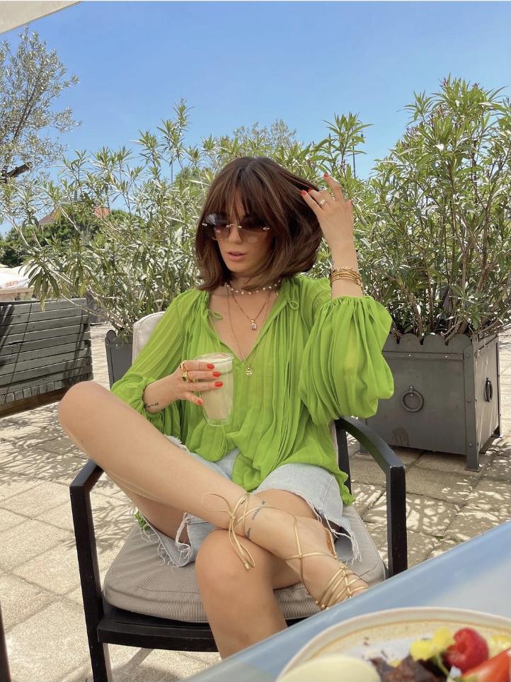 Emerald Green Silk Crepe Long-sleeved Niche Blouse