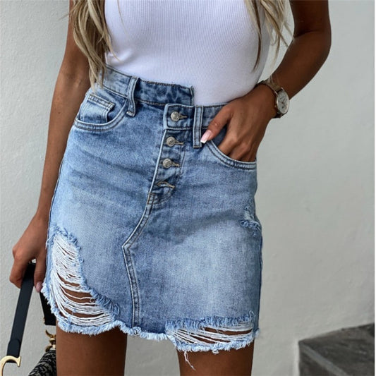 Retro Chic Denim Distressed Mini Skirt