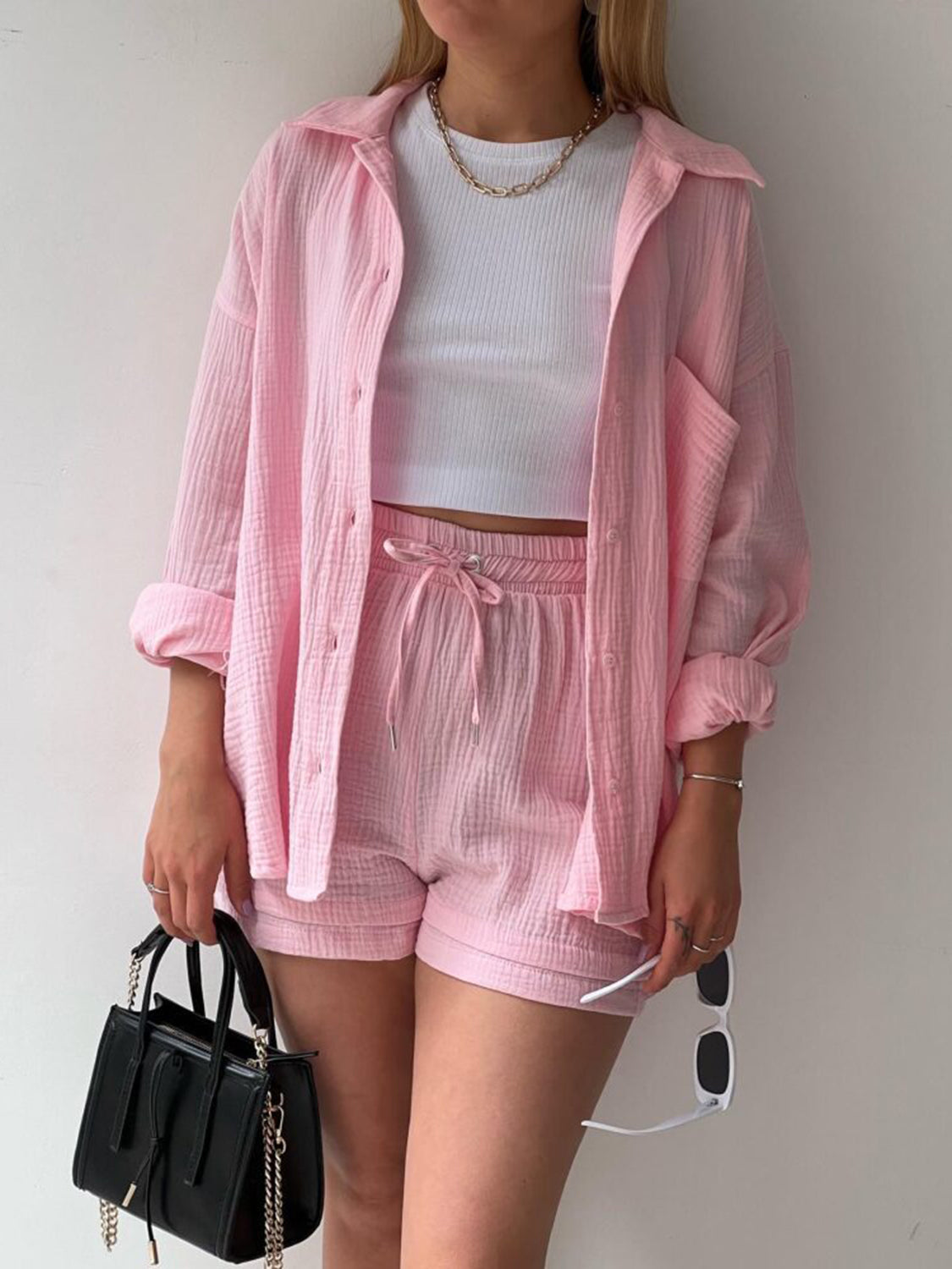 Casual Texture Button-Up Shirt and Drawstring Shorts Set