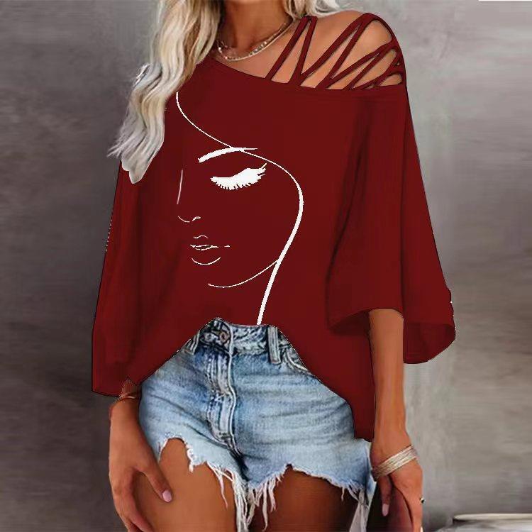 Feminine Face Print Off Shoulder Loose Casual Top