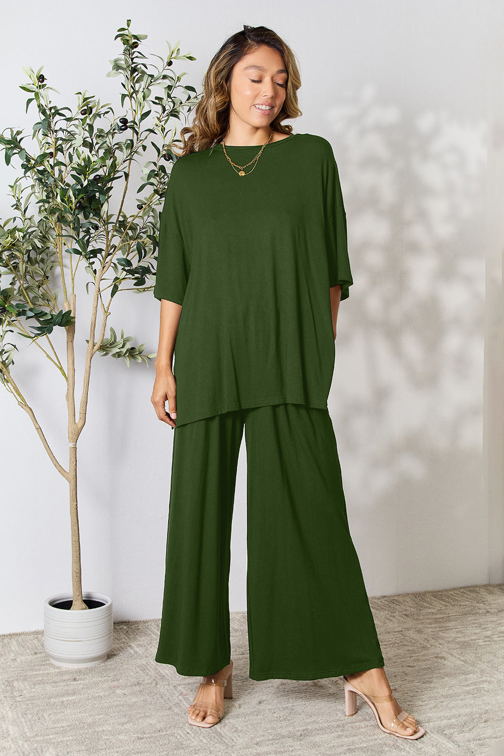 Trendy Duo Full Size Round Neck Slit Top and Pants Set