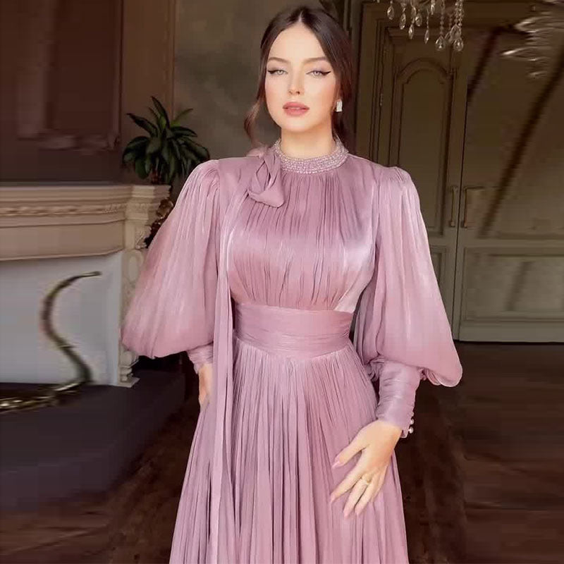 Pleated  Glamour Waist Tight Long Sleeve Dress