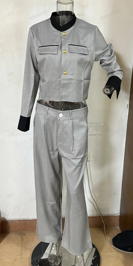 Bold Gray Buttoned Top Wide-leg Pants  2 Piece Set